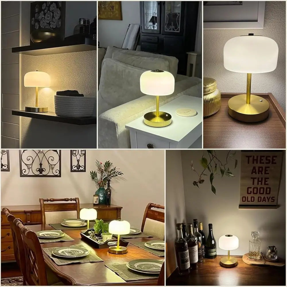 Oneach 9" CordlTable Lamps Set o 2, Gold Rechargeable Battery Operated Lamp, 3-Way SteplDimming Touch Mushroom Lamps, Small Glas