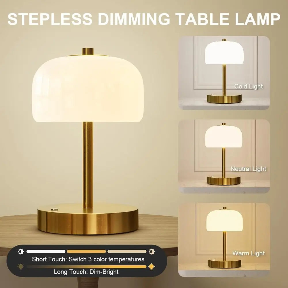 Oneach 9" CordlTable Lamps Set o 2, Gold Rechargeable Battery Operated Lamp, 3-Way SteplDimming Touch Mushroom Lamps, Small Glas