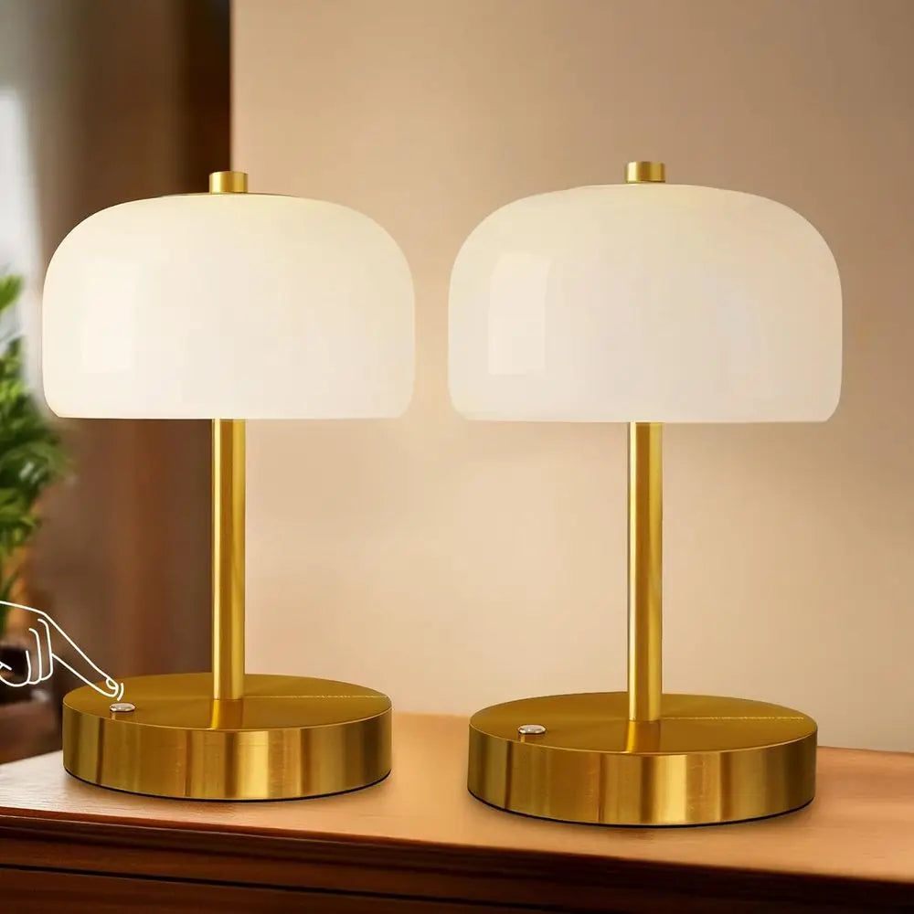 Oneach 9" CordlTable Lamps Set o 2, Gold Rechargeable Battery Operated Lamp, 3-Way SteplDimming Touch Mushroom Lamps, Small Glas