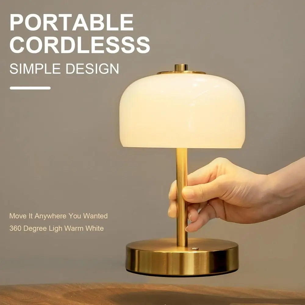 Oneach 9" CordlTable Lamps Set o 2, Gold Rechargeable Battery Operated Lamp, 3-Way SteplDimming Touch Mushroom Lamps, Small Glas