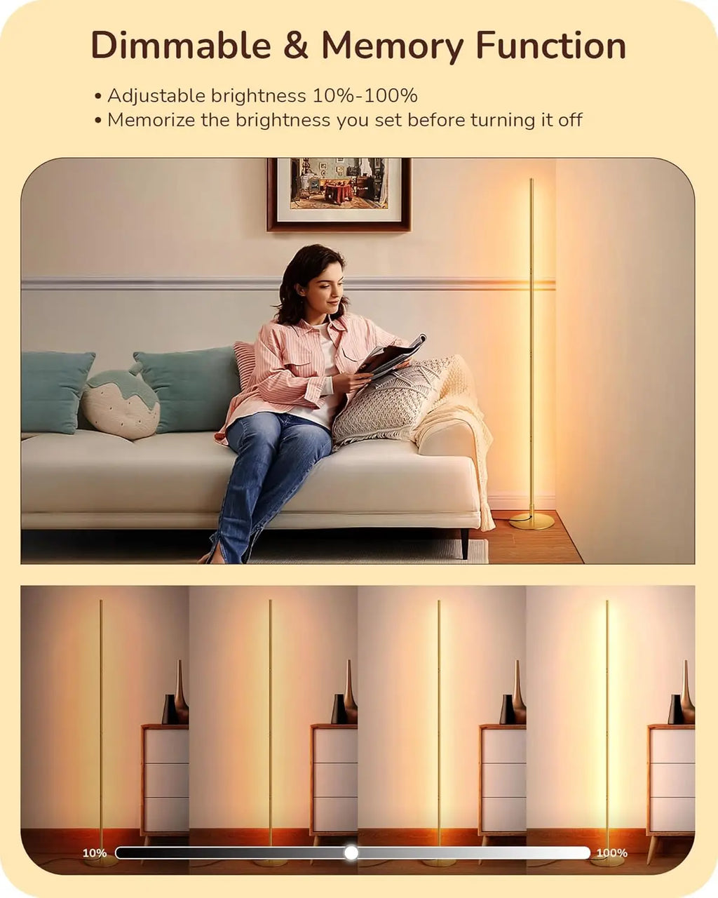 Modern Slim Dimmable LED Corner Floor Lamp, Adjustable Height, 57.5" Tall for Living Room Bedroom Office, Warm White Light