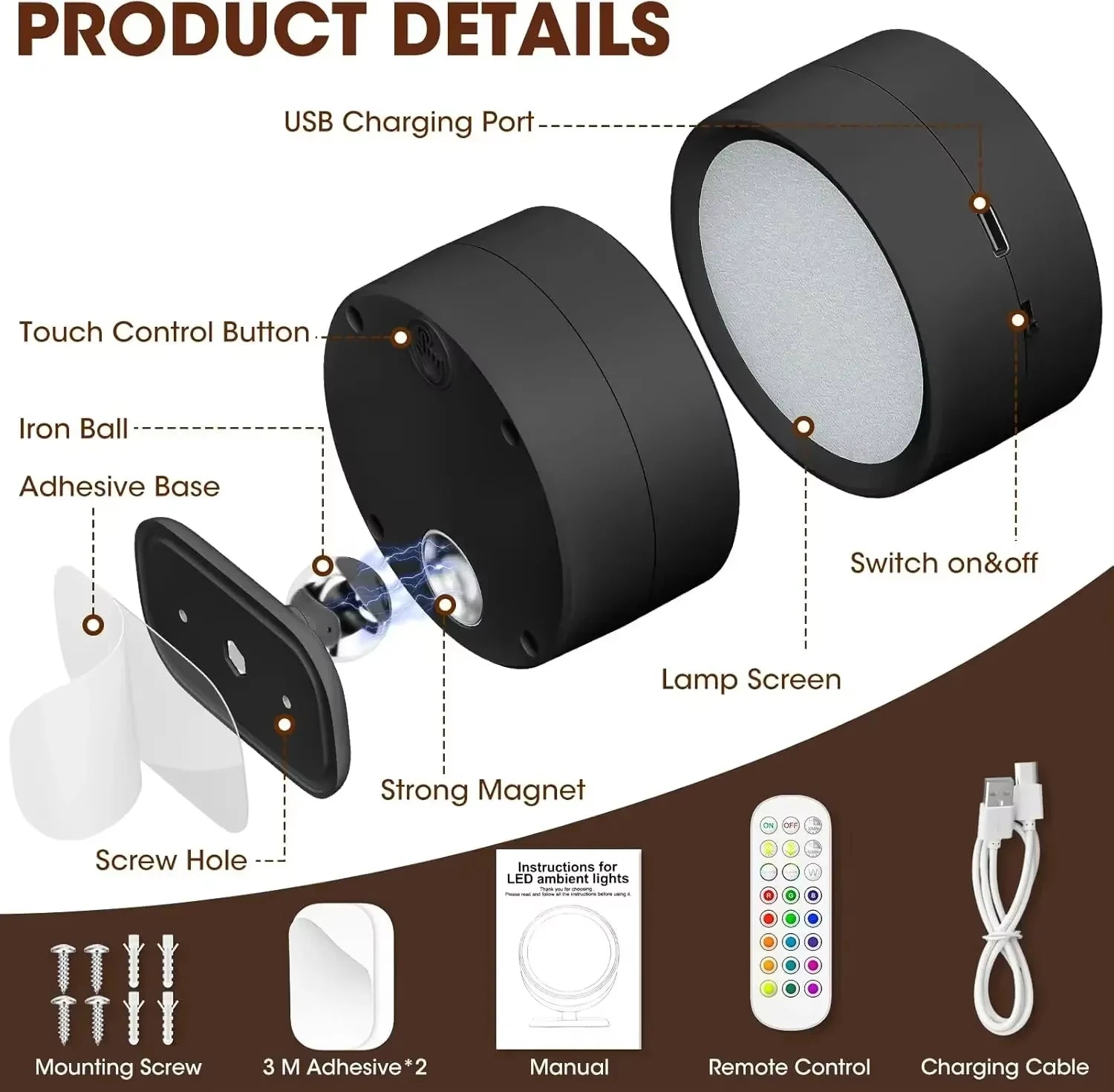 1pc Office Desk Lamp LED Magnetic Puck Light Dimmable Color Changing Battery Powered Remote Control Task Lighting for Workspace