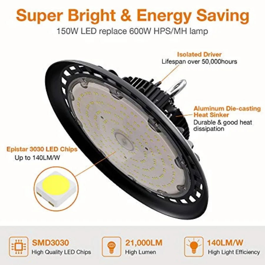 UFO LED High Bay Light 150W 21, 000lm 5000K Daylight 600W HID/HPS Equivalent with US Plug 5' Cable LED Warehouse Lights Commerc