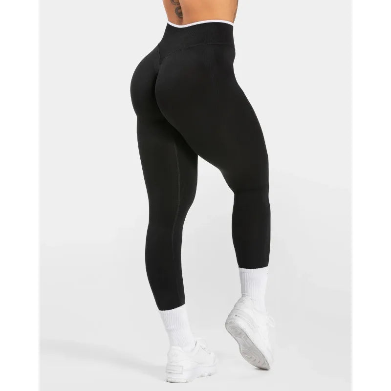 New Women's Color Blocking Yoga Leggings Seamless Knited Tights High Waist Hip Liftting Gym Workout White Edge Sports Leggings