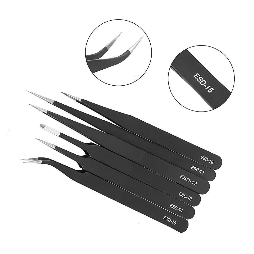 Anti Static for Watch Jewelry Mobile Phone Electronics Tweezers Set Precision Industrial Repair Tweezers 6Pcs/Set