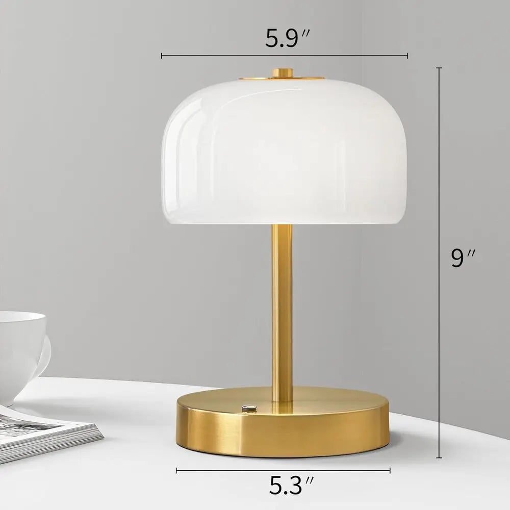 Oneach 9" CordlTable Lamps Set o 2, Gold Rechargeable Battery Operated Lamp, 3-Way SteplDimming Touch Mushroom Lamps, Small Glas