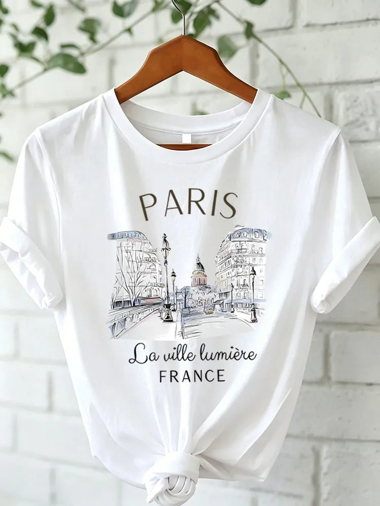 Asian Size 90s T Shirt Paris Women Print T-shirt Girl Short Sleeve Crew Neck Casual Top for Summer Spring Women's Clothing