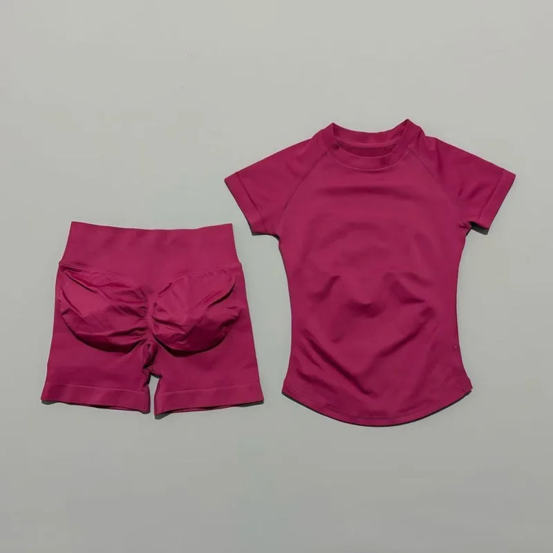 2 Pcs HISTELLO Sports Gym Sets Short Sleeve Seamless Yoga Clothing Fitness Set Women Workout Running Sports Short Leggings Suit